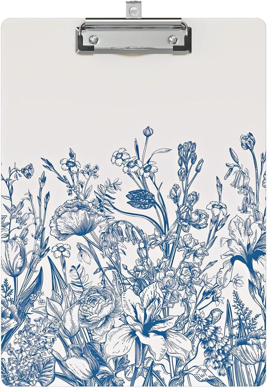 Clipboard Design Decorative Wood A4 Letter Size Clip Boards for Classroom Office, Standard Size 9" x 12.5" with Low Profile Metal Clip - Blue Flower