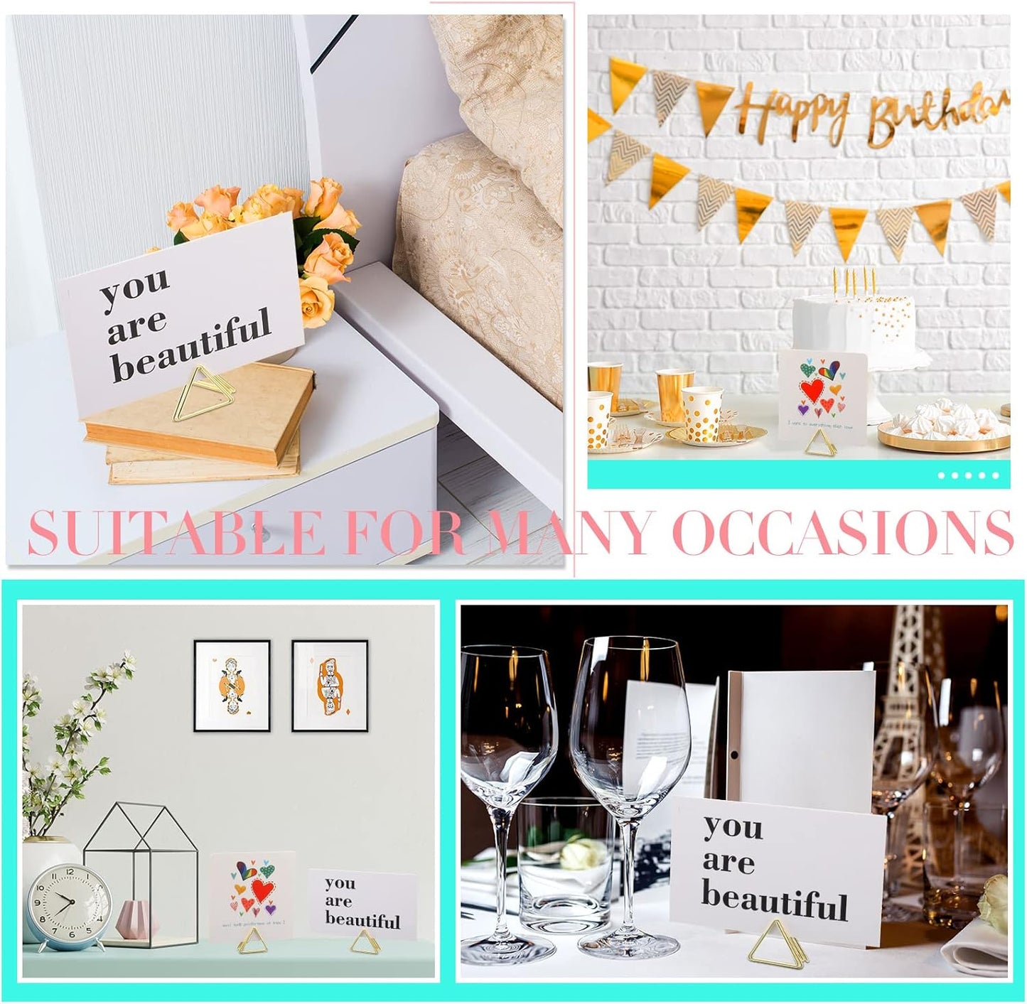100 Pcs Place Card Holder Triangle Shape Table Number Holder Wedding Table Card Holders Mini Name Card Holder Place Setting Holder Picture Clips Stand for Centerpiece Anniversary Party(Gold)