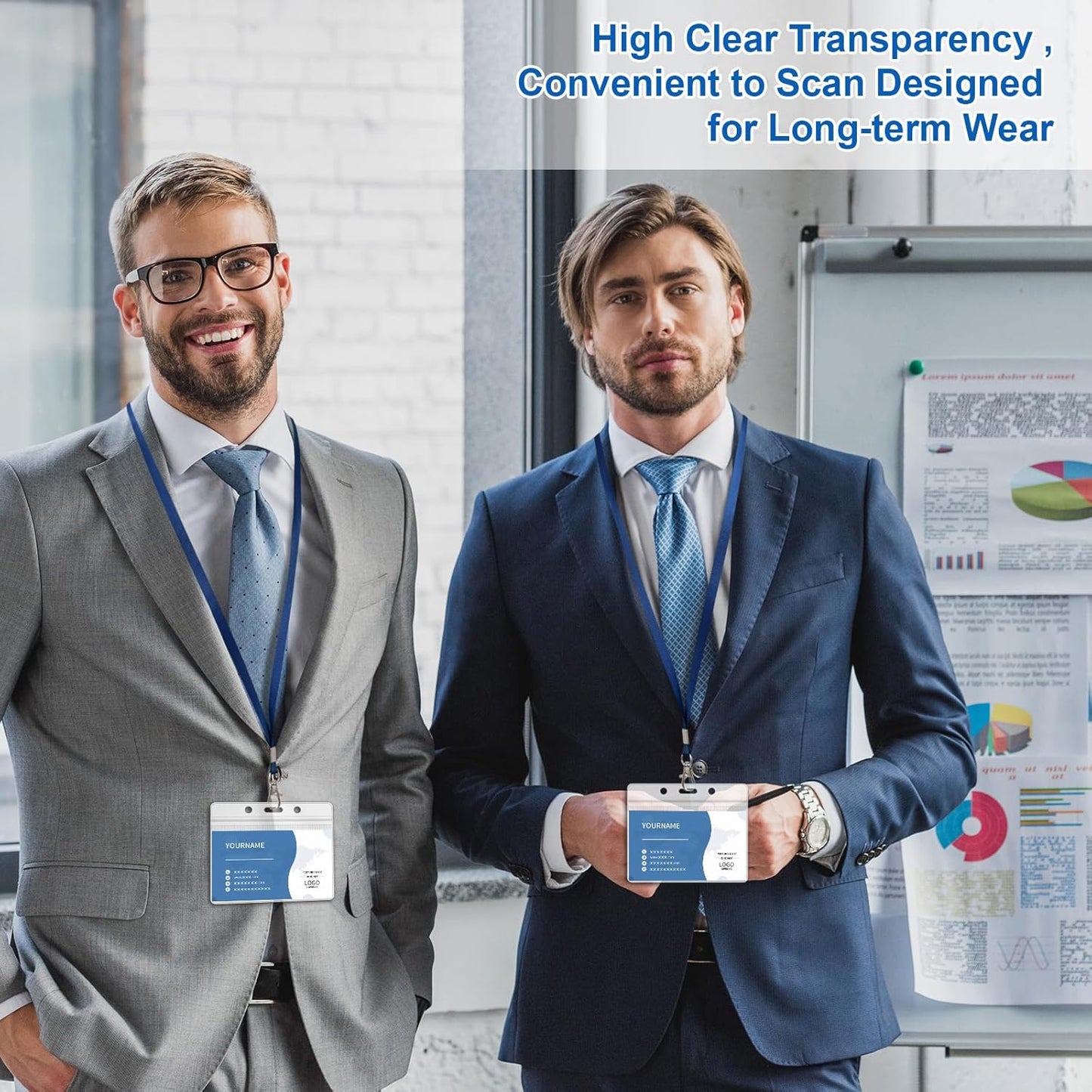 100 Pack Lanyards for ID Badges with Clear Name Tags, Reusable Lanyards Horizontal ID Card Badge Holders Plastic Name Badges for Men Women Kids Business School and Office Supplies (Dark Blue)