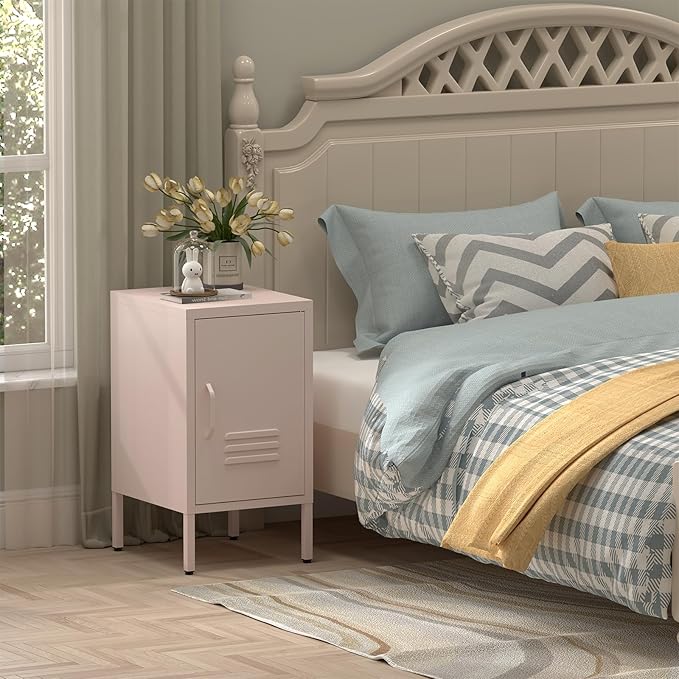 Metal Cabinet,Locker Nightstand with Shelf,Metal Storage Locker,Steel Bedside Storage Cabinets for Living Room Bedroom,Pink