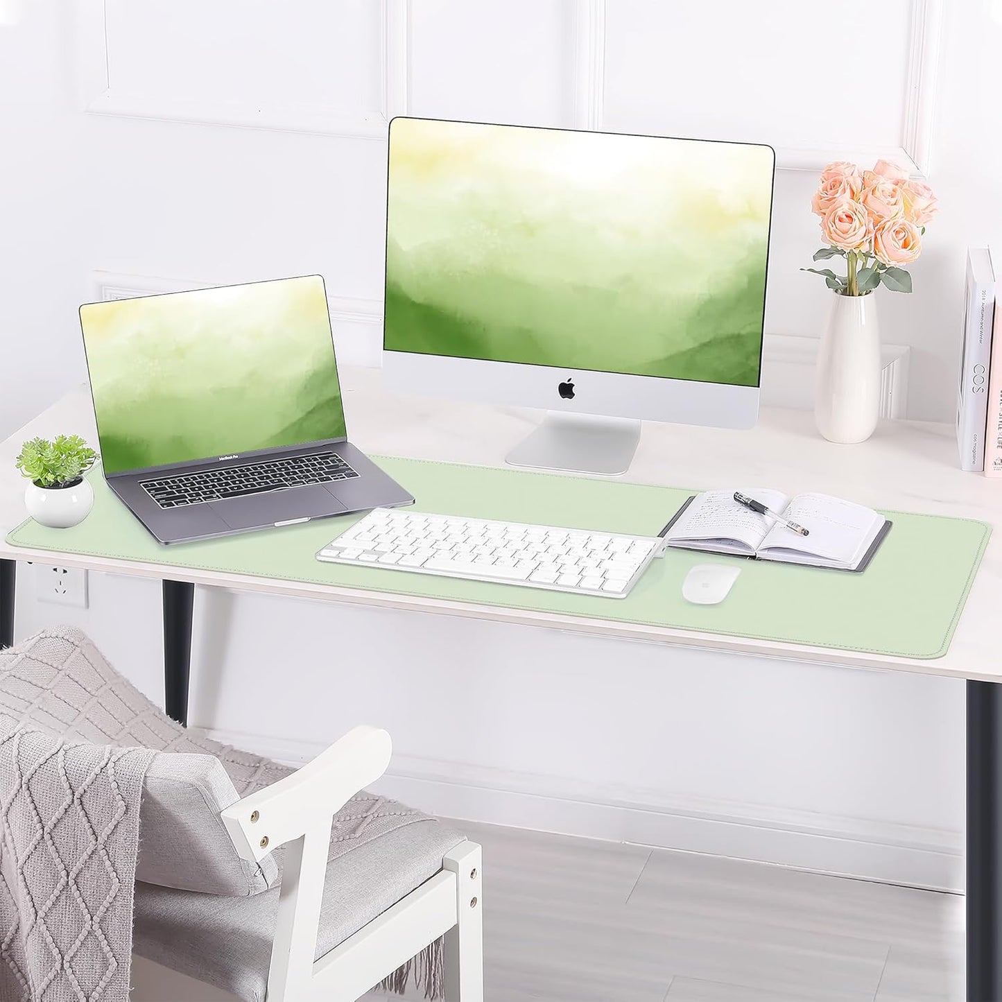 Leather Desk pad Protector, 47in*23in Large Desk mat with Natural Cork & PU Leather,Mouse pad,Non-Slip Office Desk Mat,Waterproof Desk Writing Pad for Office and Home (Light Green)