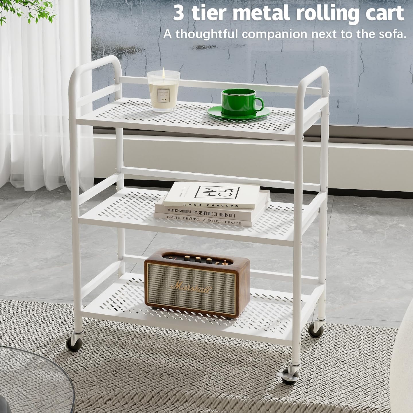 HDANI 3 Tier Metal Rolling Heavy Cart Supports 40 Lbs Per Tier,Rolling Cart with 2 Lockable Wheels for Office,Home,Bedroom,Kitchen,Bathroom(White)…