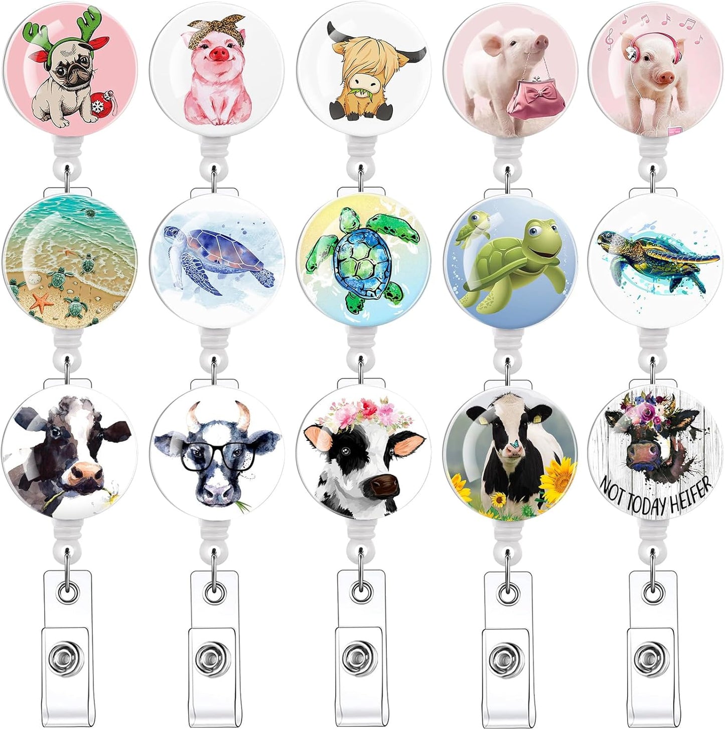 15 Pack Turtle Pig Cow Print Badge Reels Retractable Badge Holders,Id Badge Holder Retractable Clip, Funy Badge Reel Cute Badge Reel,Nursing Student Must Haves Perfect for School Office Men Women