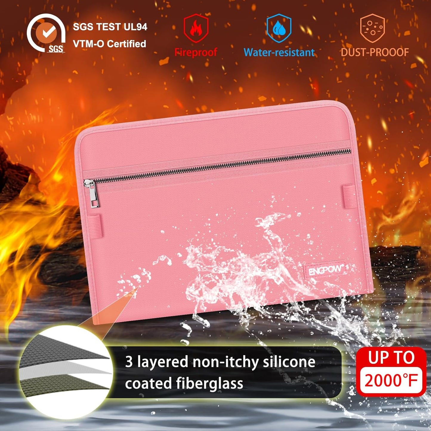 ENGPOW Accordion File Organizer,Fireproof 13 Pockets Expanding File Folder,Document Organizer Folder with Zipper＆Labels,Portable Home Travel Safe Storage for Letter A4 Files and More,Pink