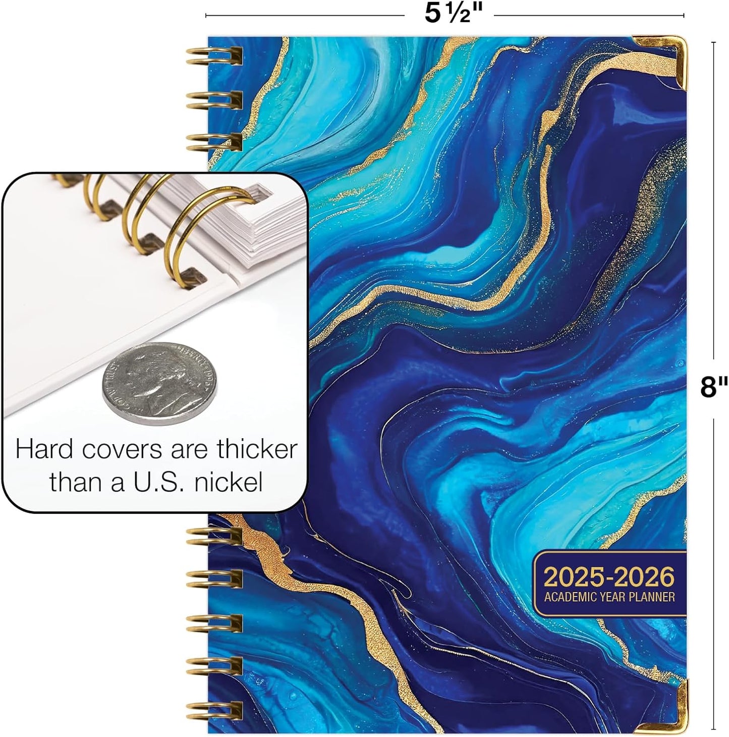 HARDCOVER Academic Year 2025-2026 Planner: (June 2025 Through July 2026) 5.5"x8" Daily Weekly Monthly Planner Yearly Agenda. Bookmark, Pocket Folder and Sticky Note Set (Dark Blue Marble)