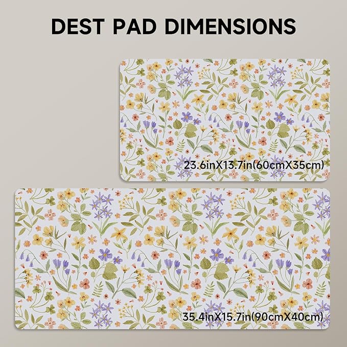 Botanical Floral Desk Pad Blotter,Large Mouse Pad 35 x 17in,PU Leather Desk Mat Writing Pad Protector, Non-Slip Waterprrof,Desktop Decor for Home Office & Gamers Women Girls (Pressed Flower Art)