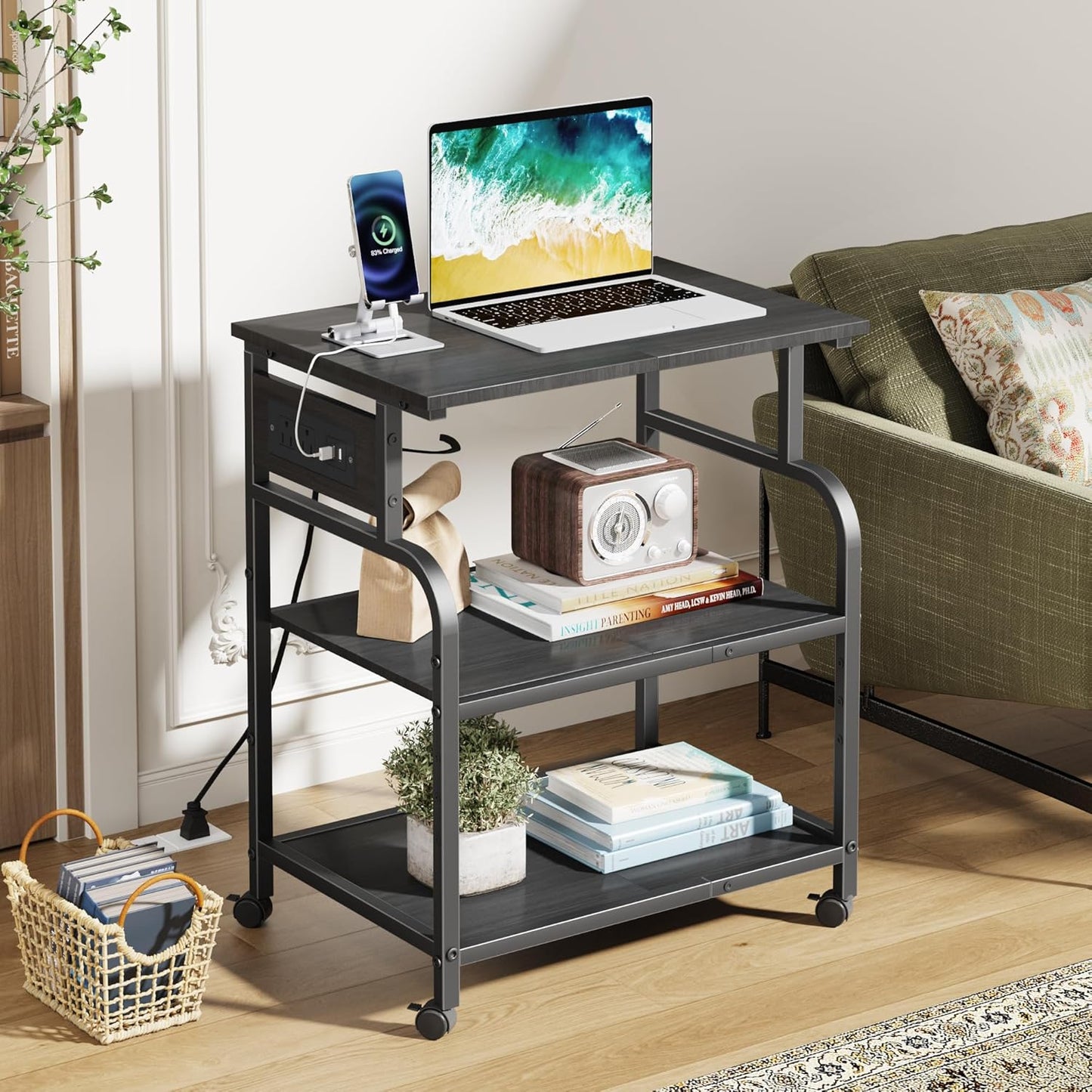3 Tier Large Printer Stand with Power Outlet/Adjustable Storage Shelf, Rolling Cart with Wheels, Printer Table for Home Office 3D Printer/Heat Press/Laster, 22"×15" Black