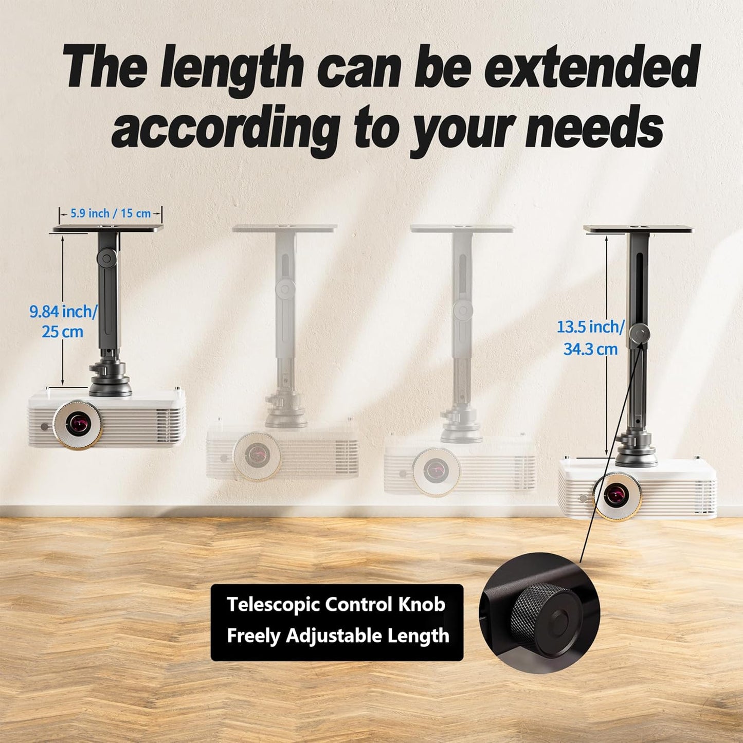 Projector Stand - Single Hole Hanging Height Adjustable Wall Ceiling Mount, Universal Mount with Retractable Arms - Aluminum Alloy Material, Load 33 lbs - Black