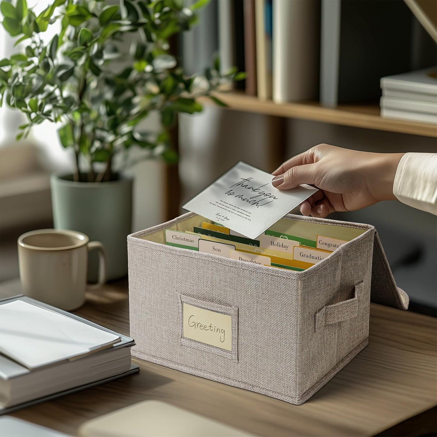 Vienrose Greeting Card Organizer Storage Box with 20 Removable Dividers, 84 Self-stick Labels, Perfect for Photos, Envelopes, Scrapbooking, Paper, Stickers Holder 1 Pack Beige