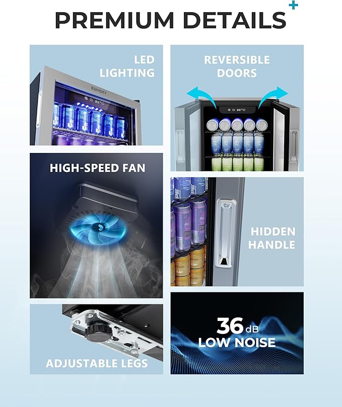 EUHOMY Beverage Refrigerator and Cooler, 128 Can Mini fridge with Glass Door, Small Refrigerator with Adjustable Shelves for Soda Beer or Wine, Perfect for Home/Bar/Office, Silver