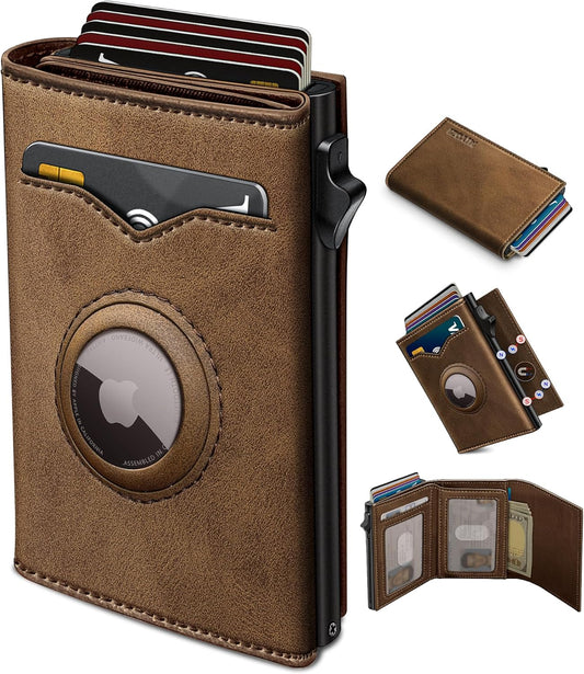 Airtag Wallet for Men,with Cash Pocket 2 ID Window 9-12 Cards,Metal Case Smart Slim Pop Up Credit Card Holder Flip with Magnetic Closure RFID Blocking Trifold wallet with Gift Box