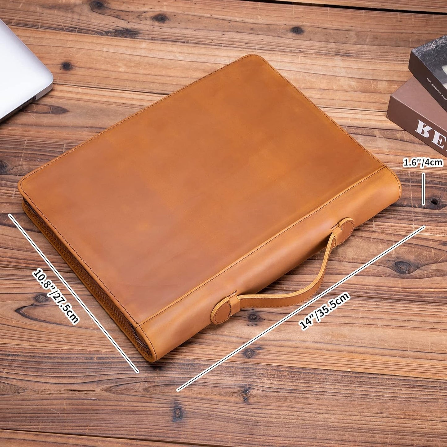 Genuine Leather Portfolio 3 Ring Binder with Clipboard, Hidden Handle, 8.5 x 11 Zippered Padfolio, Business Organizer Professional Executive Folio for Men and Women, Brown