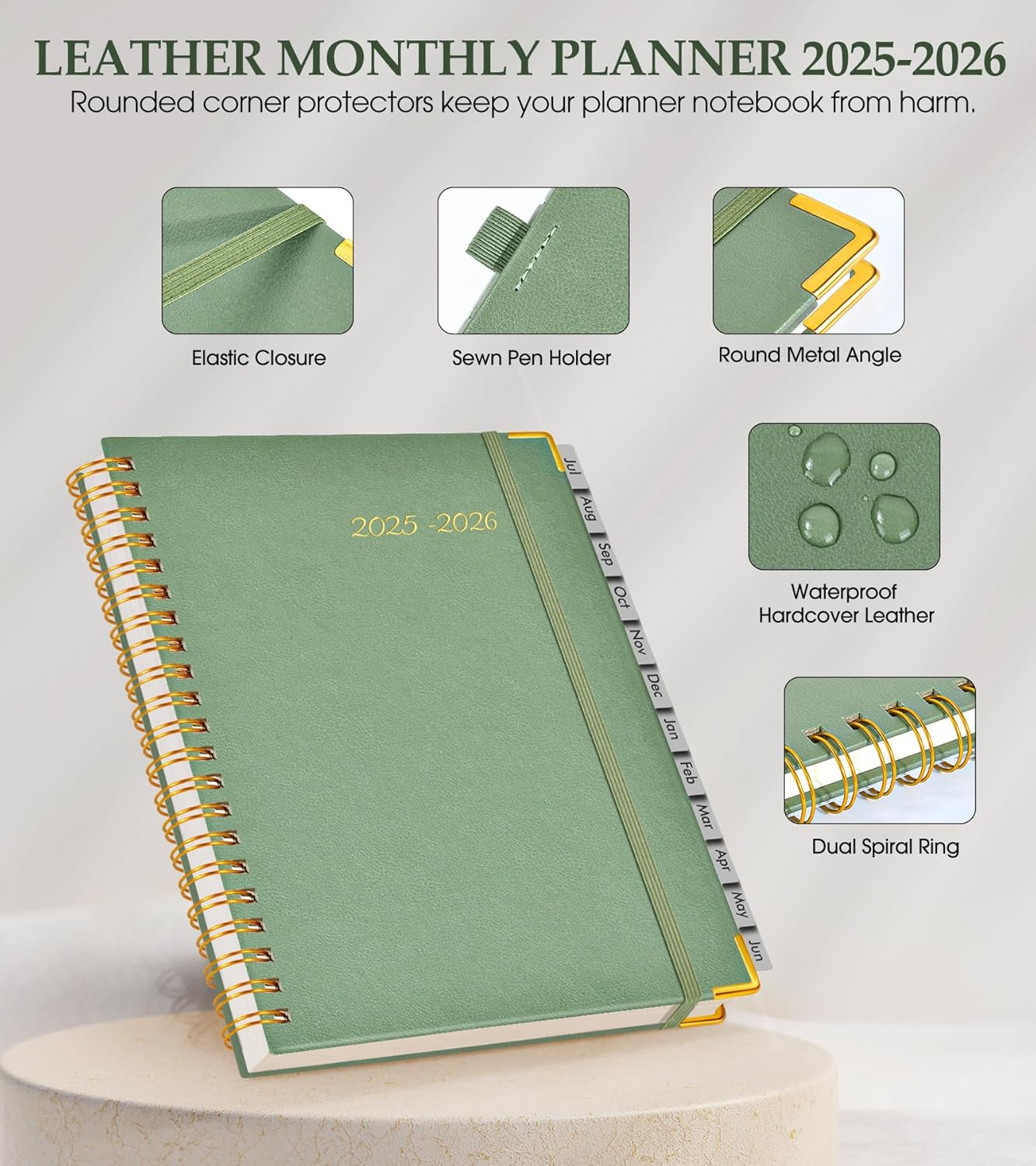 Academic Planner 2025-2026, Weekly and Monthly Calendar Planner from July 2025 - June 2026, 8.5" x 11" Hardcover Leather Hourly Appointment Book with Tabs, Spiral Daily Planners for College School Teacher Student, Green