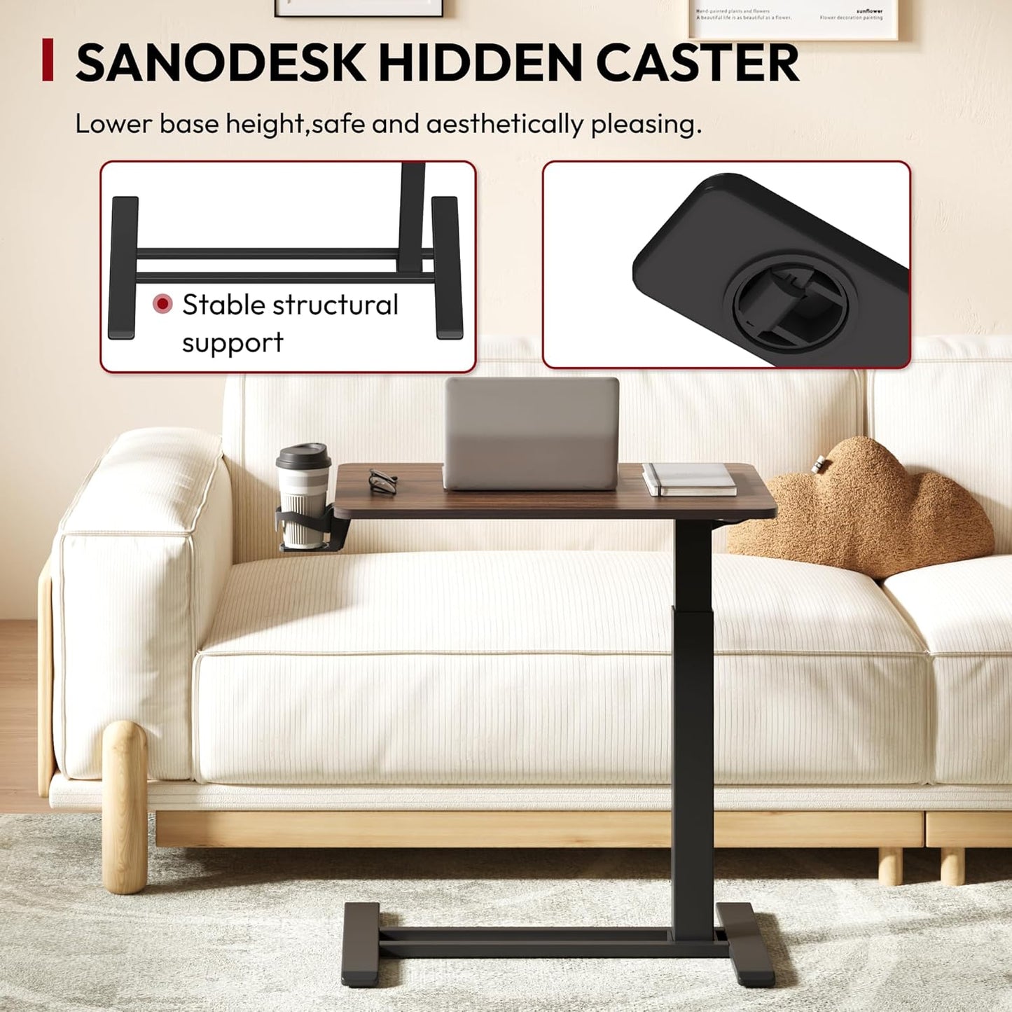 SANODESK Mobile Standing Desk with Hidden Wheels,Pneumatic Laptop Desk Rolling Computer Cart Movable Height Adjustable Small Sit Stand Desk for Home Office(27.6" W x 15.7" D, Maple)