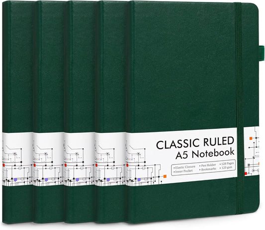 feela 5 Pack Journal Notebook Bulk for School, Hardcover Business Notebooks Classic Ruled Lined Journals with Pen Holder for Work Note Taking, with 5 Black Pens, 120 GSM, 5.1”x8.3”, A5, Dark Green