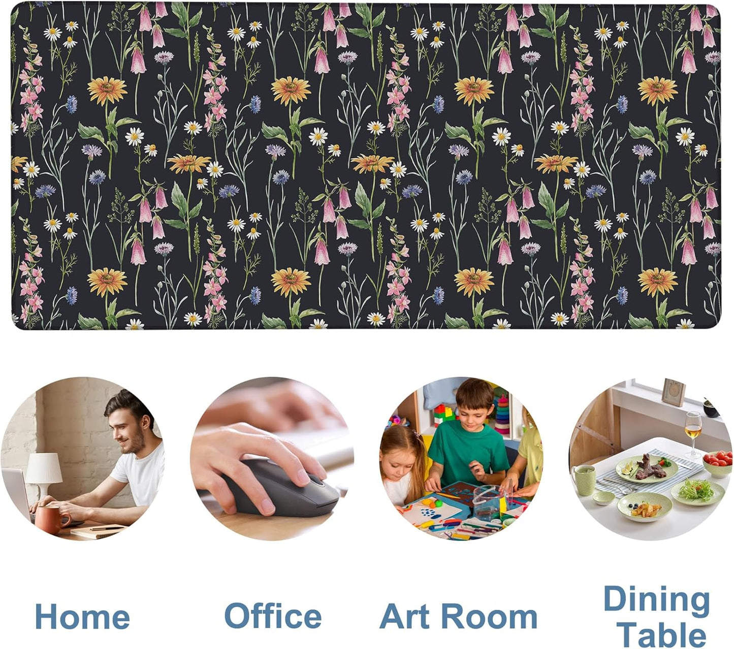Large Mouse Pad Field Flowers Gaming Desk Pad Computer Keyboard Non-Slip Waterproof Mouse Mat with Rubber Base and Stitched Edges Entertainment Office Writing Desk Mat 35.4 x 15.7 Inches