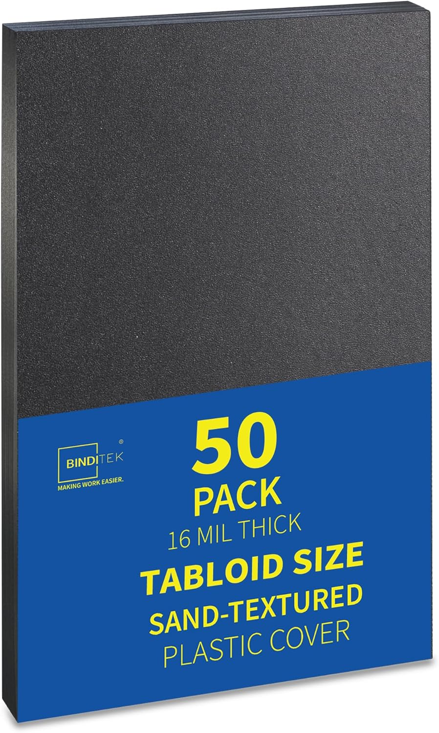 Binditek 50 Pack 16 Mil Sand-Textured Polycover, 11 x 17 Inches Front and Back Covers, Lightly Sanded Finish, Heavyduty Binding Presentation Covers for Business Reports, Tabloid, Black