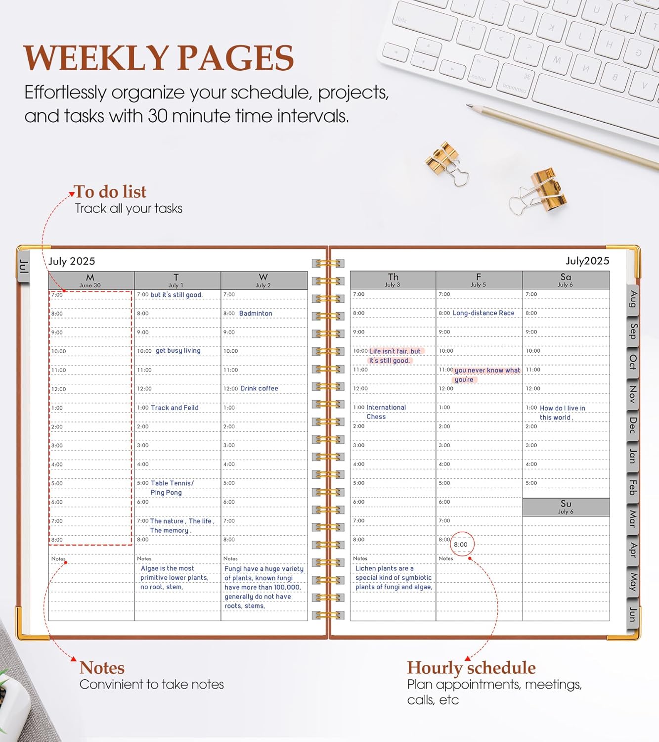 Academic Planner 2025-2026, Weekly and Monthly Calendar Planner from July 2025 - June 2026, 8.5" x 11" Hardcover Leather Hourly Appointment Book with Tabs, Spiral Daily Planners for College School Teacher Student, Brown