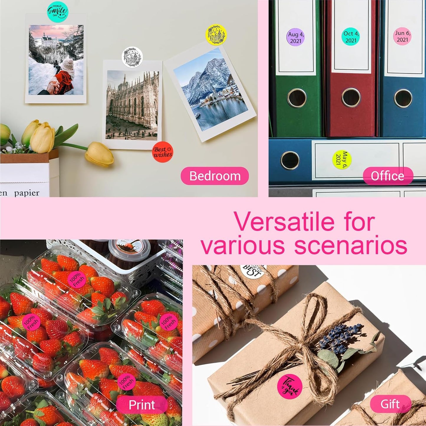 1 Inch Circle Dot Stickers 1000 PCS Color Coding Thermal Labels Dots Writable Printable Small Round Stickers for Office, Classroom, Inventory, Garage, Organizing Storage, Fluorescent Pink