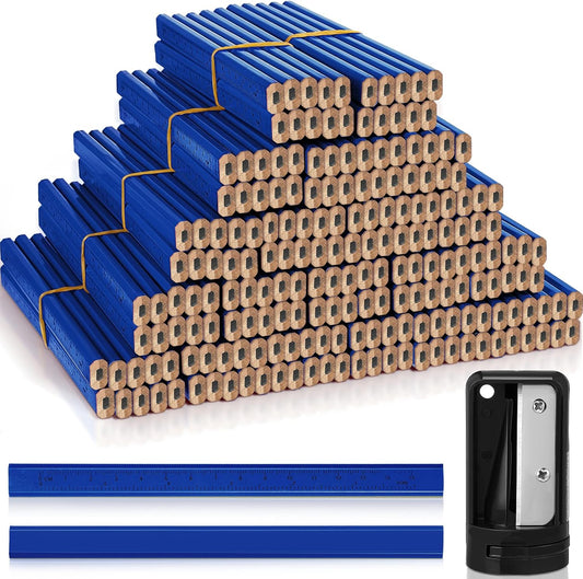 Honoson 200 Pcs Flat Construction Pencils with Printed Ruler Wood Graphite 2 Pcs Carpenter Pencil Sharpener for Woodworking Marking Tool(Blue)