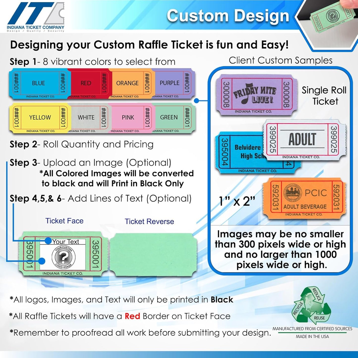 Custom 1” x 2” Single Roll Tickets, Design Your Roll Tickets with Event Logos, for Classroom Rewards, Events, Fundraisers, Door Entry, Raffles, Prizes, Drink/Food Tickets, & More (8 Color Selection)