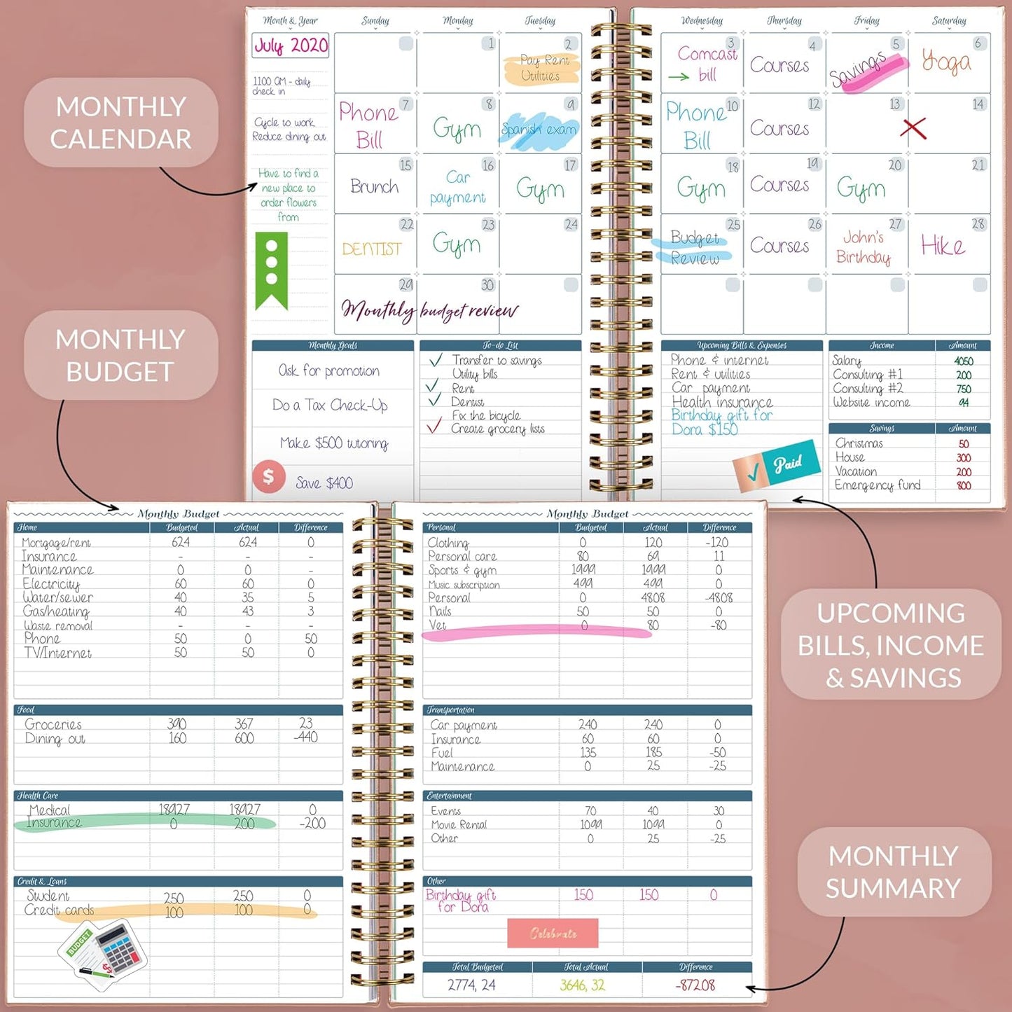 GoGirl Budget Planner & Monthly Bill Organizer – Monthly Financial Book with Pockets. Expense Tracker Notebook Journal, Large (Rose Gold)