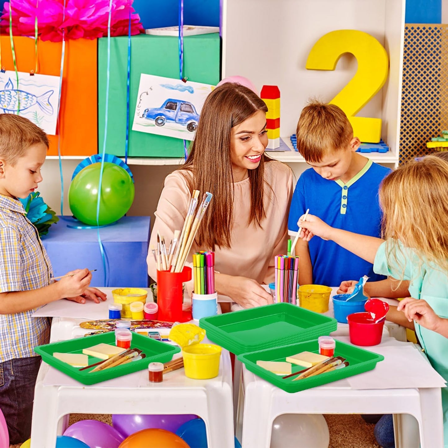 Craft Tray,24 Pack Art Trays for Kids Plastic Activity Trays Stackable Craft Trays,Shallow Craft Storage Organizer, DIY Project & Painting Tray,Art Supplies,9.45 x 7.1 x 0.98 Inch (Green)