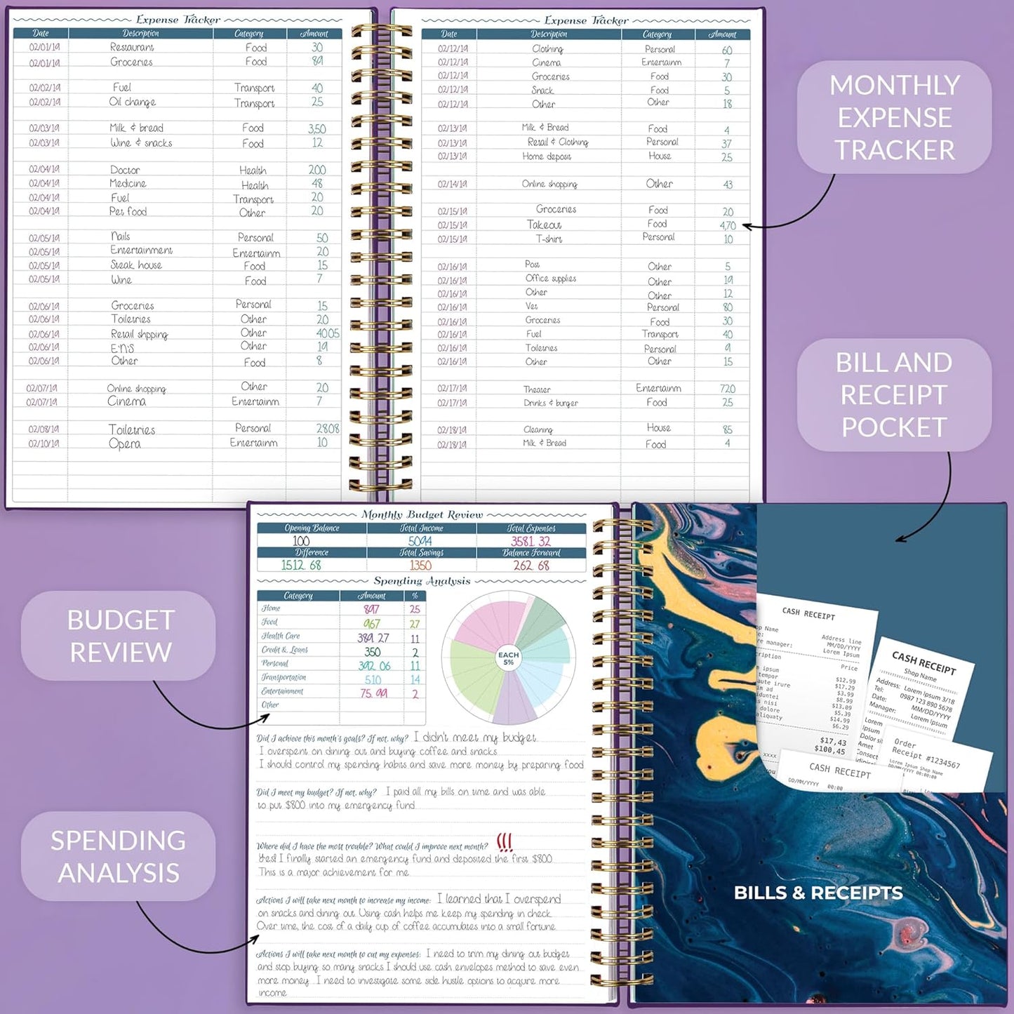 GoGirl Budget Planner & Monthly Bill Organizer – Monthly Financial Book with Pockets. Expense Tracker Notebook Journal, Large (Purple)