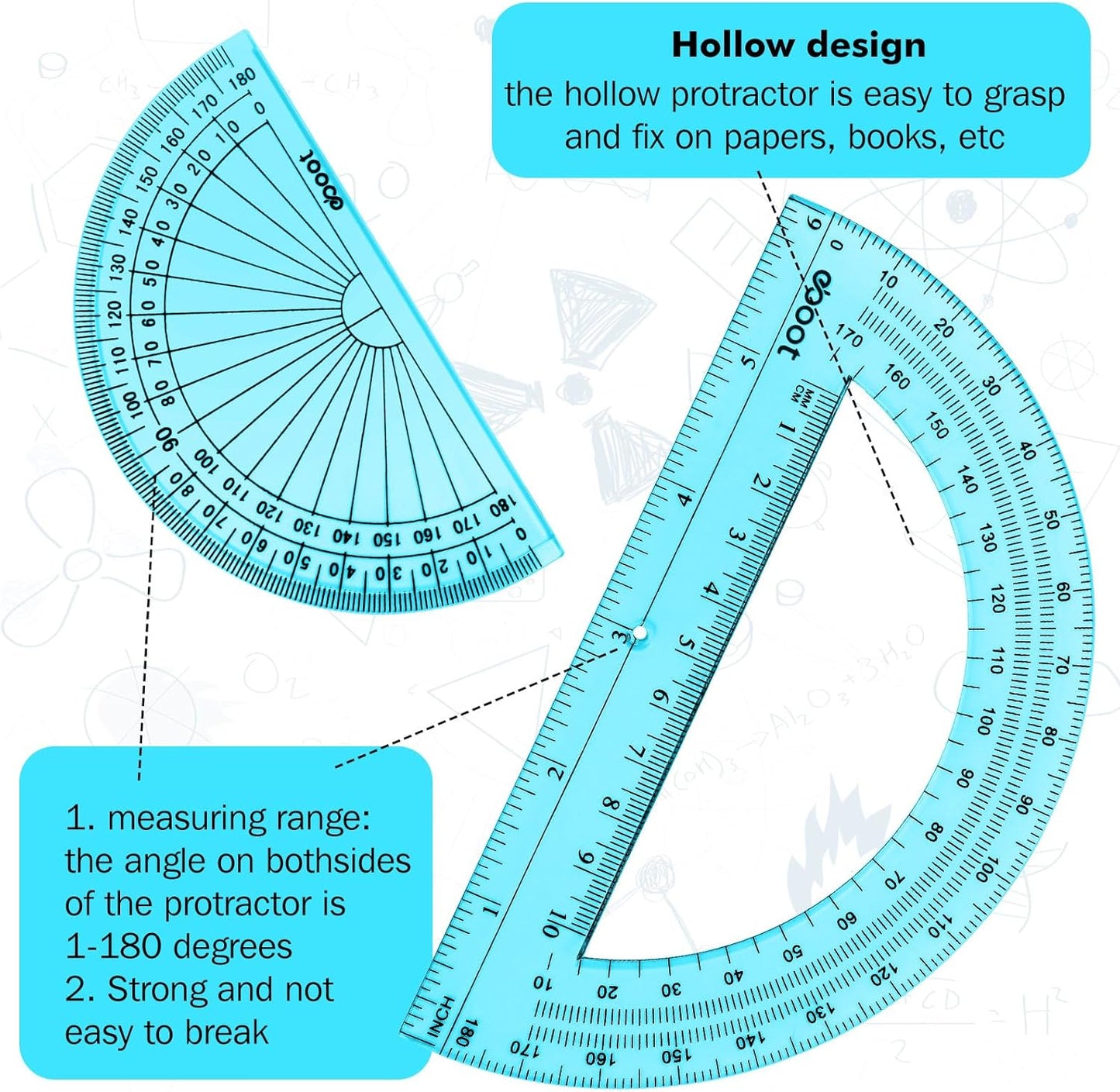 EBOOT 2 Pcs Plastic Protractor Clear 180 Degrees Transparent Protractor for Geometry, 4 Inch and 6 Inch(Blue)