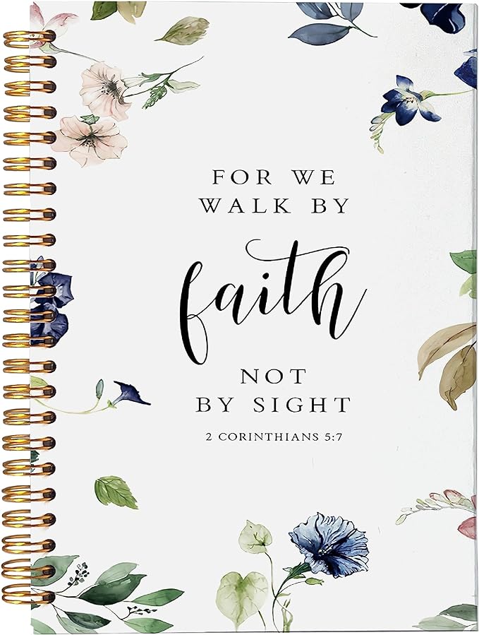 VNWEK Bible Scripture 2 Corinthians 5:7 for Me Walk by Faith not by Sight Watercolor Floral Spiral Notebook Journal 5.5 x 8.3 inches,Christian Lined Hardcover Spiral Notebook,Christian Gifts