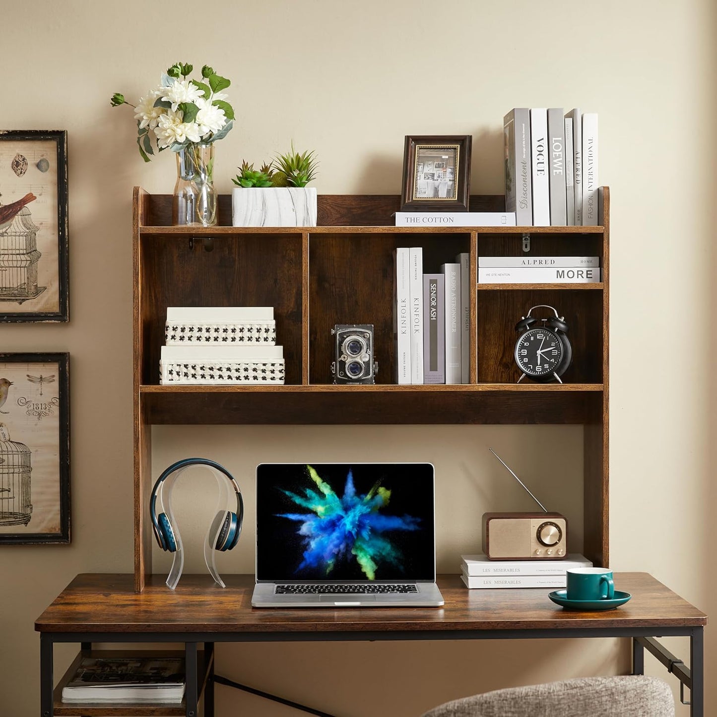 Desktop Bookshelf, Wooden Desk Storage Hutch with 6 Shelves for Computer Desk, 3-Tier Desktop Display Organizer Rack for Office Home (Brown)