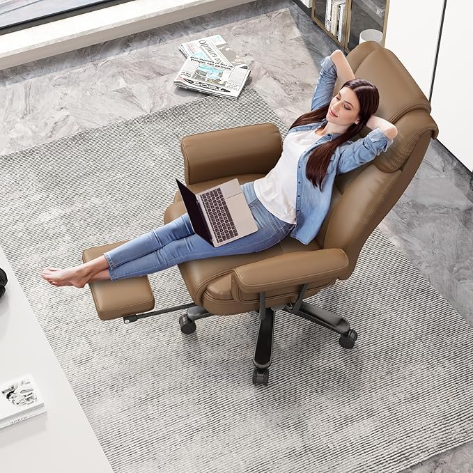 GYI Criss Cross Chair with Wheels, 160°Big and Tall Reclining Office Desk Chair with High Back, Wide Seat, Arms, Footrest, Brown