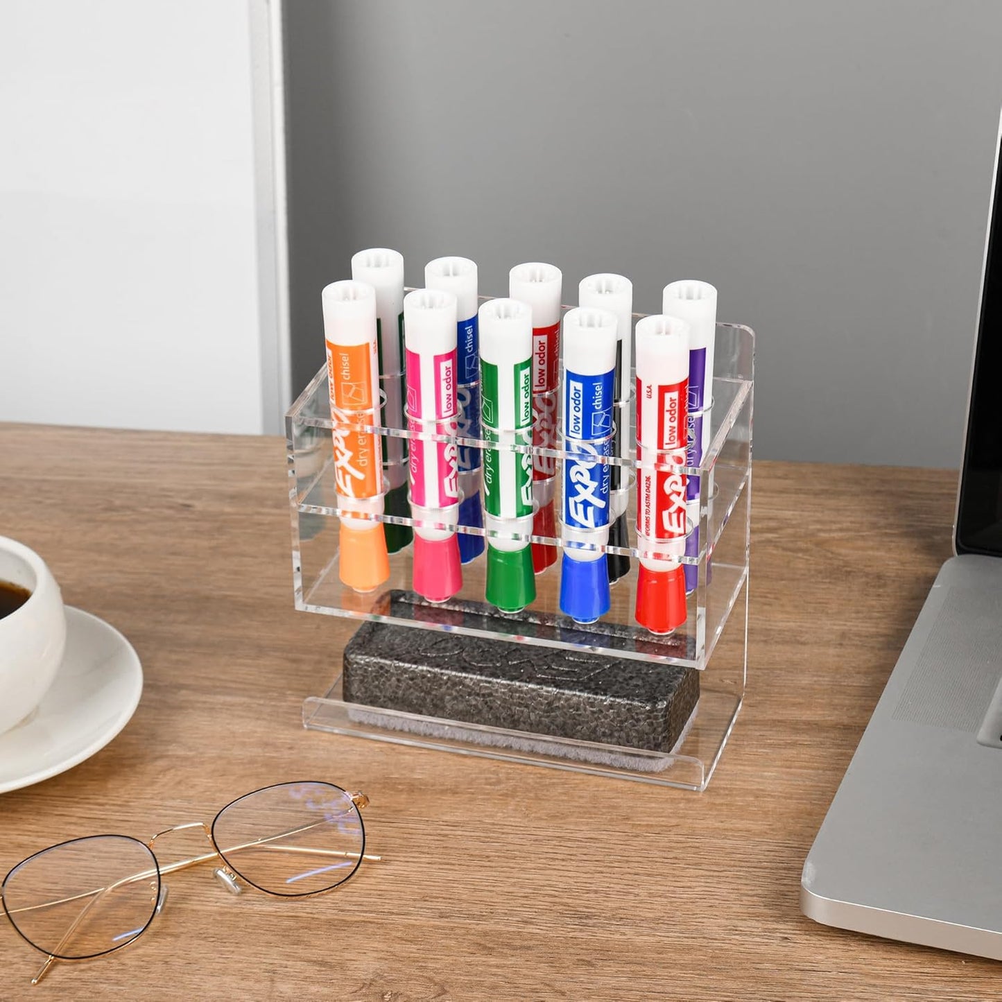 Dry Erase Marker Holder, Wall Mounted Acrylic Marker Holder with 10 Slots, Sticky Pen Storage for Classroom Organization, Whiteboard, Office, Clear