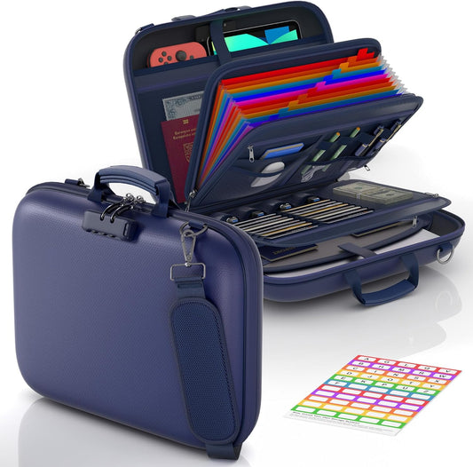 Nacial Fireproof Document Box with Lock & Shoulder Strap, Hard-Shell Fireproof File Organizer with 13 Pocket Accordion File Folder, Portable Safe Storage for Important Documents, Laptop, Blue