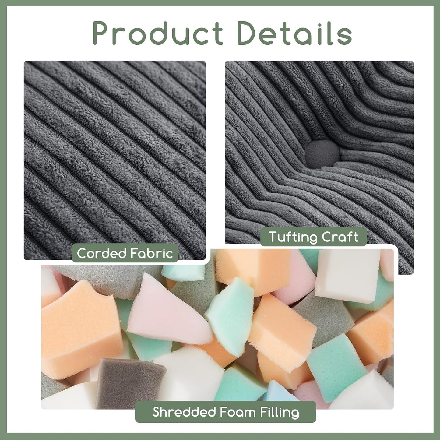 HIGOGOGO Square Stuffed Pouf Ottoman, Corduroy Poufs with Foam Chunk Filling, Furry and Fluffy Pouf Foot Stool Storage Ottoman, 25.6 X 25.6 Floor Poufs Foot Rest for Living Room, Dark Grey