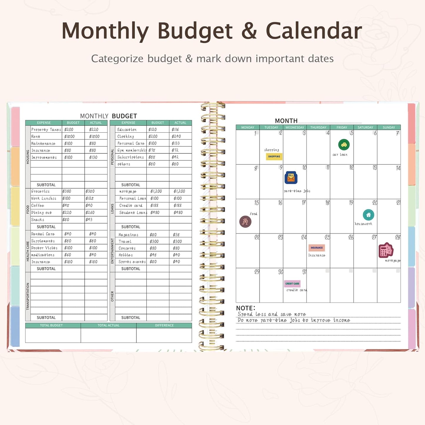 Ospelelf Budget Planner - Monthly Budget Book with Expense Tracker Notebook, Undated 12 Month Bill Organizer & Finance Planner, A4 Account Book with 12 Index Pockets, Zipper Pouch, Stickers(Brown)