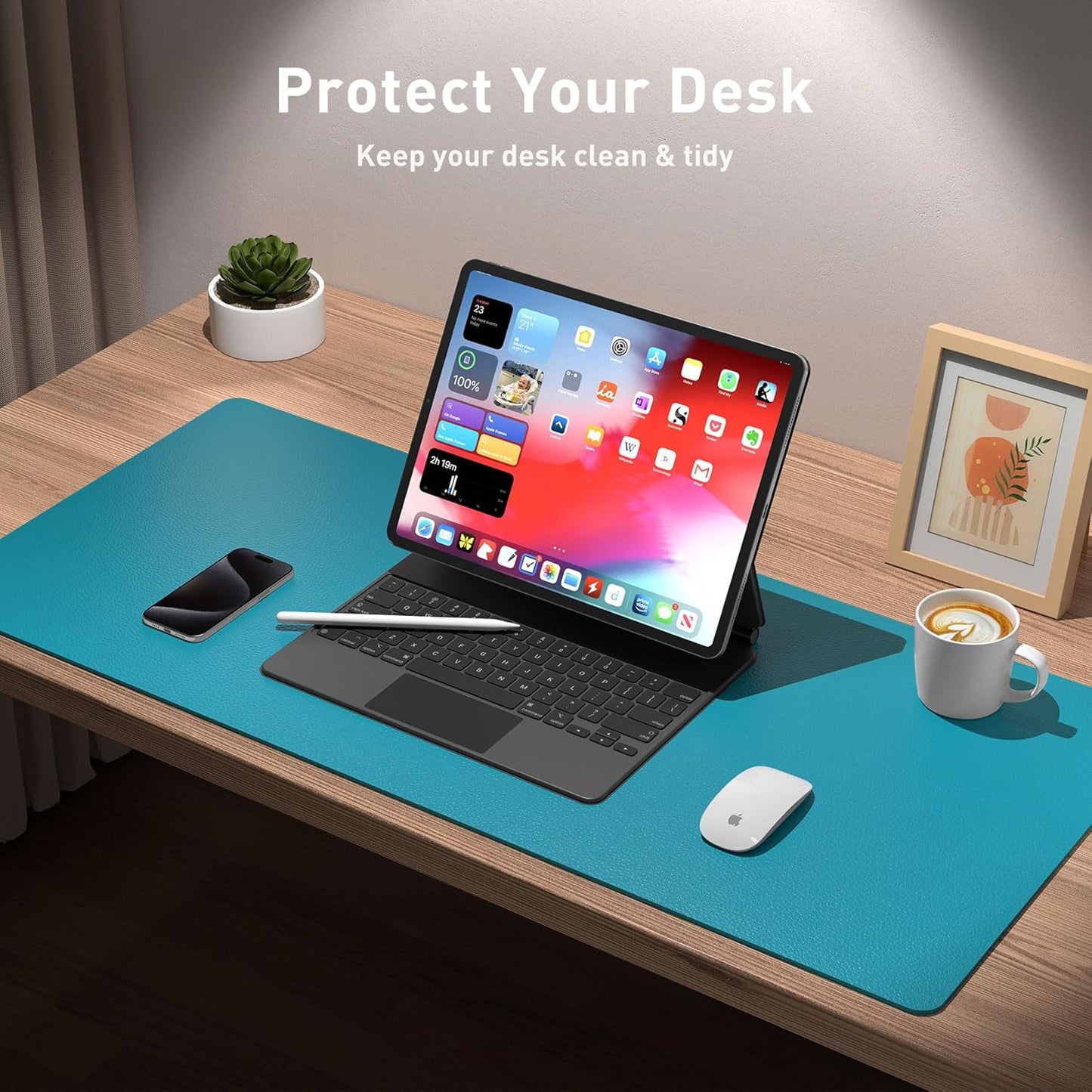 Aothia Leather Desk Pad Protector, Mouse Pad, Office Desk Mat, Non-Slip PU Leather Desk Blotter, Laptop Desk Pad, Waterproof Desk Writing Pad for Office and Home (Turquoise,31.5" x 15.7")