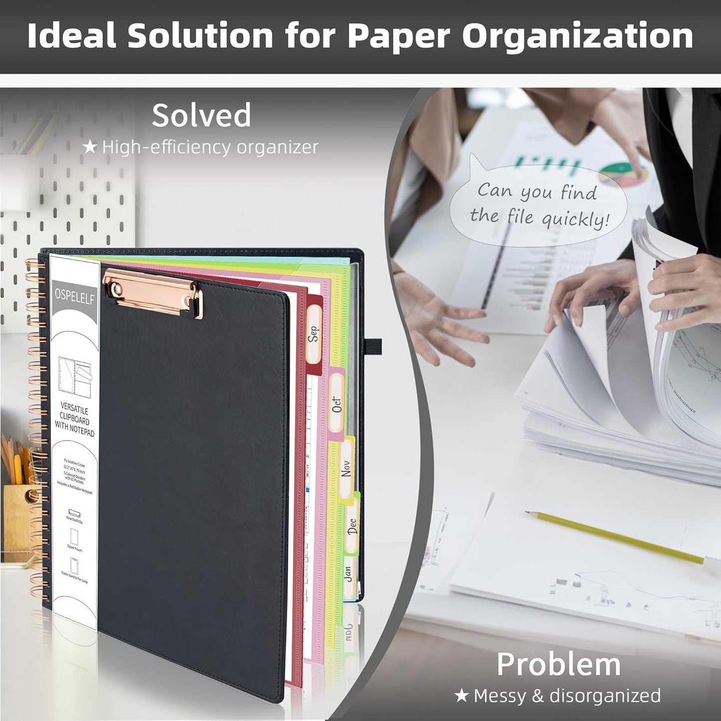 Ospelelf Leather Clipboard Folio with Notepad for Letter Size, Spiral Clipboard Folder with Storage Zipper Pouch, 5 Folders with 10 Pockets, 39 Divider Label Stickers, Pen Loop Series (Black)