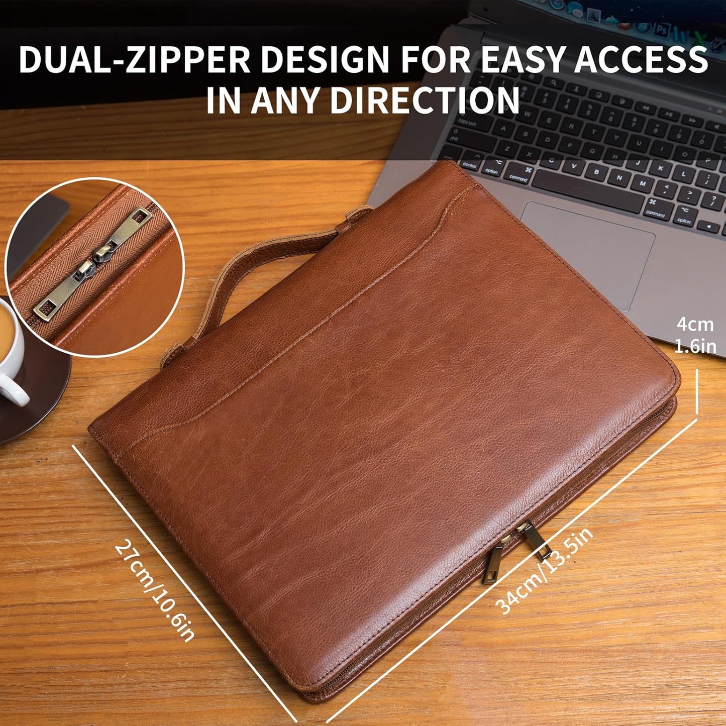 Genuine Leather Portfolio with Hidden Handle, Front Pocket, Business Padfolio Tablet/13” Laptop Organizer, Folio Document Cell Phone Holder, Professional Executive Folder, Brown, Oil Tanned