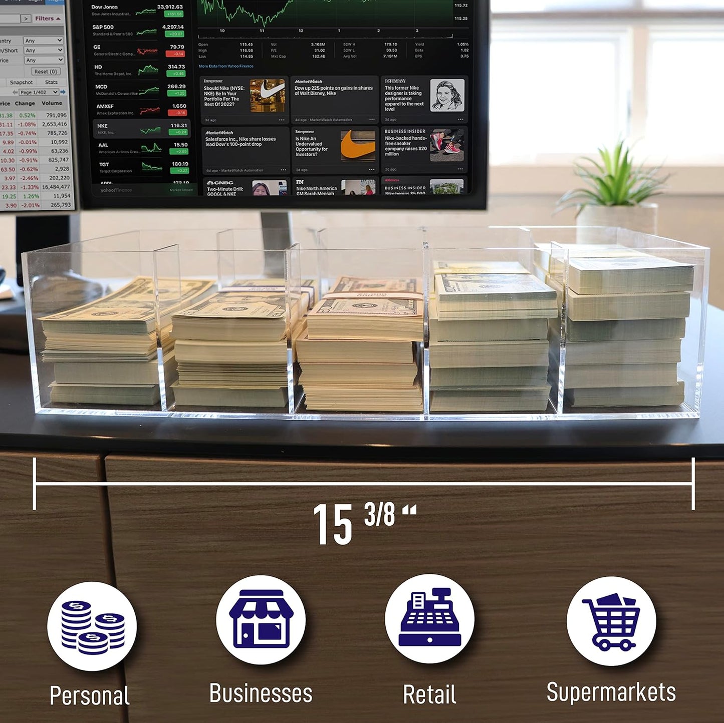Clear Currency Tray, 5 Compartment Cash Organizer Money Storage Box, 300 Currency Wrappers Included