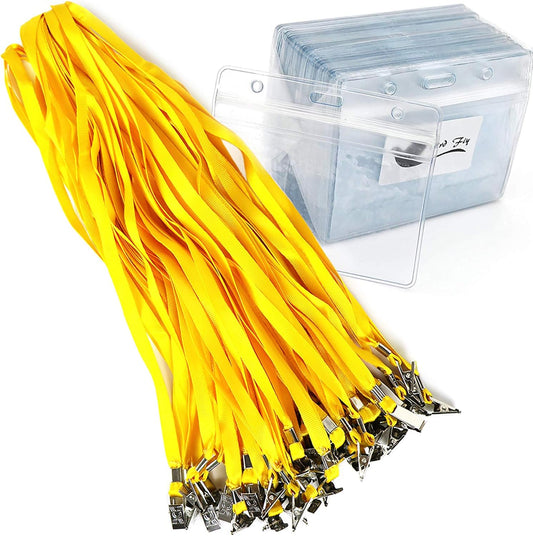 Bird Fiy Lanyards with id Holder Name Badges 50 Pcs Waterproof Type Clear Plastic Horizontal Name Tag Badge Id Card and 50 Pcs Lanyard (Yellow)