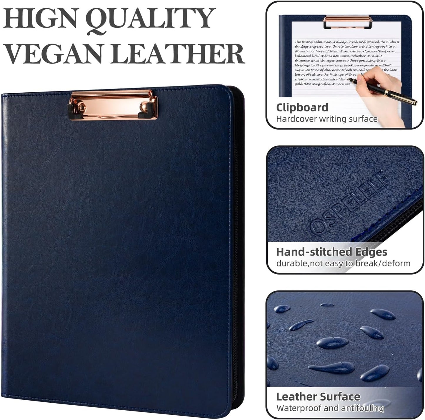 Ospelelf 3 Ring Portfolio Binder with Zipper, Leather Clipboard with Storage, Padfolio Folder for Men, 12.1” Tablet Sleeve, 5 Dividers with Pocket, Refillable Notepad, Card Slot (Navy Bule)
