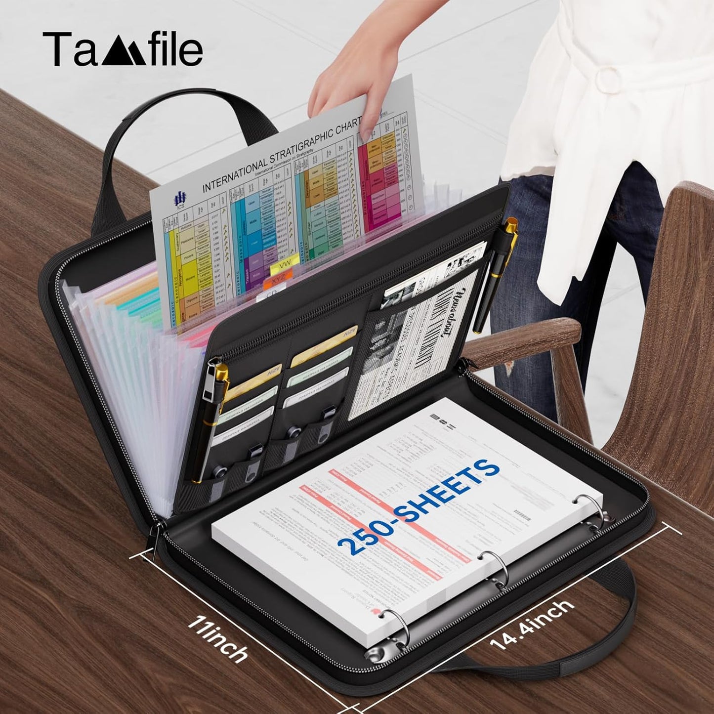 Tamfile Fireproof Accordion File Organizer with Handle, 13 Pocket Expanding File Folder with Zipper & Labels, File Folder with 3 Ring Binder, Multi Pockets Paper Organizer Folder for Letter A4 Files