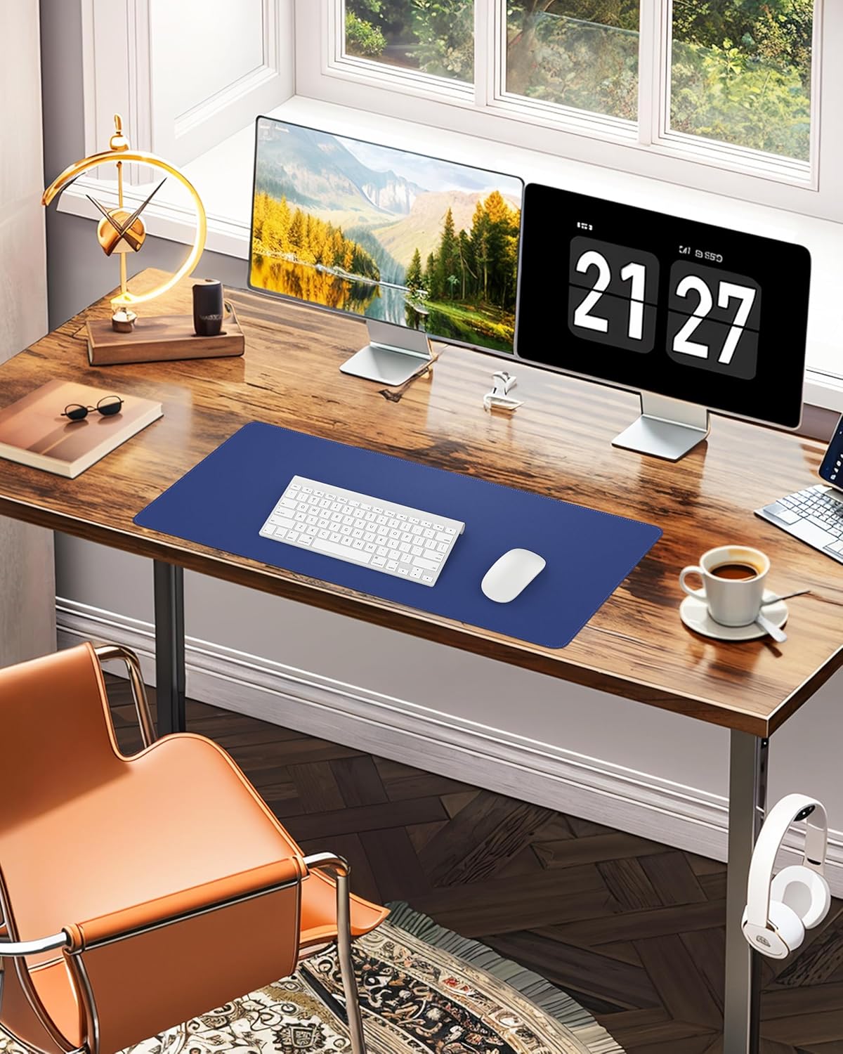 Desk Pad Mat 23.6"x13.7" - Waterproof Mouse Pad & Desk Protector, Non-Slip PU Leather for Gaming Keyboard/Mouse, Stitched Edge XL Office Desk Pad with Ergonomic Support(Blue)