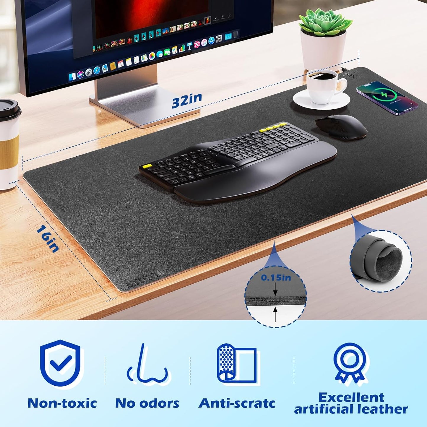 Wireless Charging Desk Mat with Desk Pad for Desktop Charging Large Mouse Pad Waterproof Leather Computer Mat Mouse Pad Non-Slip Protector on Top of Desks for Keyboard and Mouse (black-r, 32*16inch)