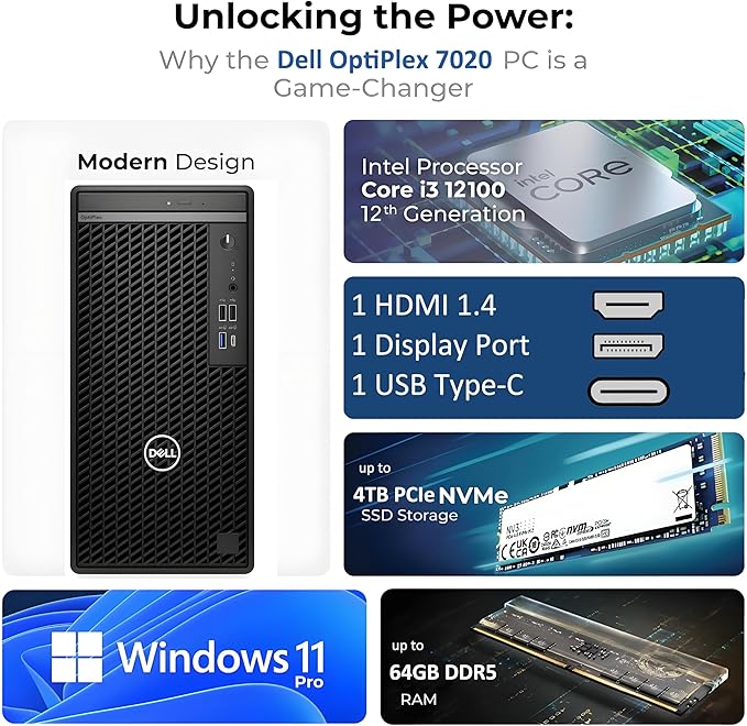 Dell Optiplex Desktop Computer, 7020 Tower Dekstop Pc, 12th Gen Intel 4-Core Processor (Beats Core i7-9700), 64gb Ddr5 Ram, 2tb Pcie Ssd, Dvdrw, WiFi Adapter, Rj-45, Keyboard & Mouse, Windows 11 Pro