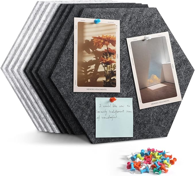 12" Large Bulletin Board with 30 Push Pins, Pack of 8 Hexagon Felt Pin Board Notice Boards for Home Office, Felt Wall Tiles for Photos Memos