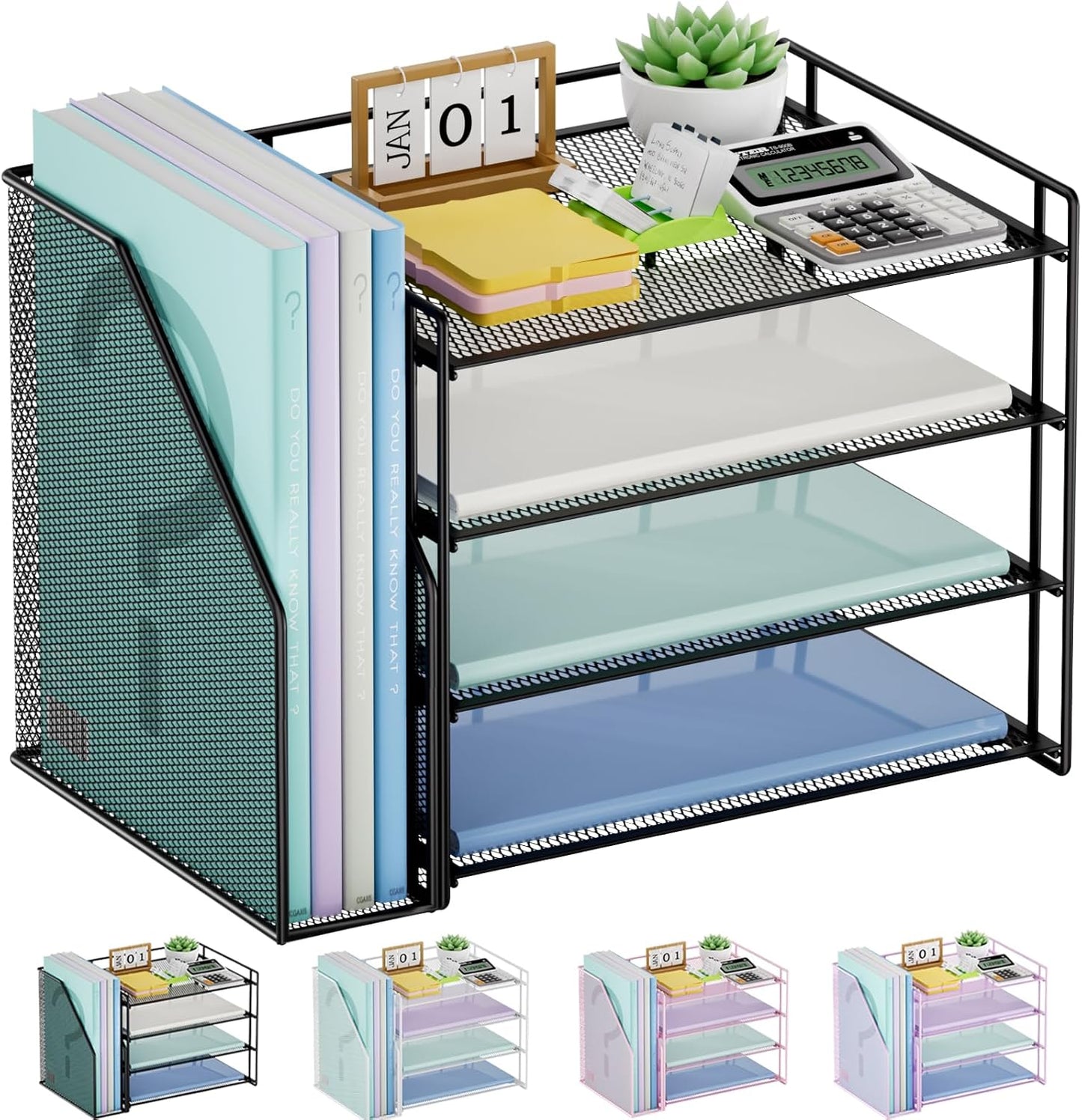 Marbrasse Desk Organizer and Accessories，4-Tier Paper Letter Tray Organizer with File Holder，Desk Accessories & Workspace Desktop Organizers for School Home Office Supplies (Black)