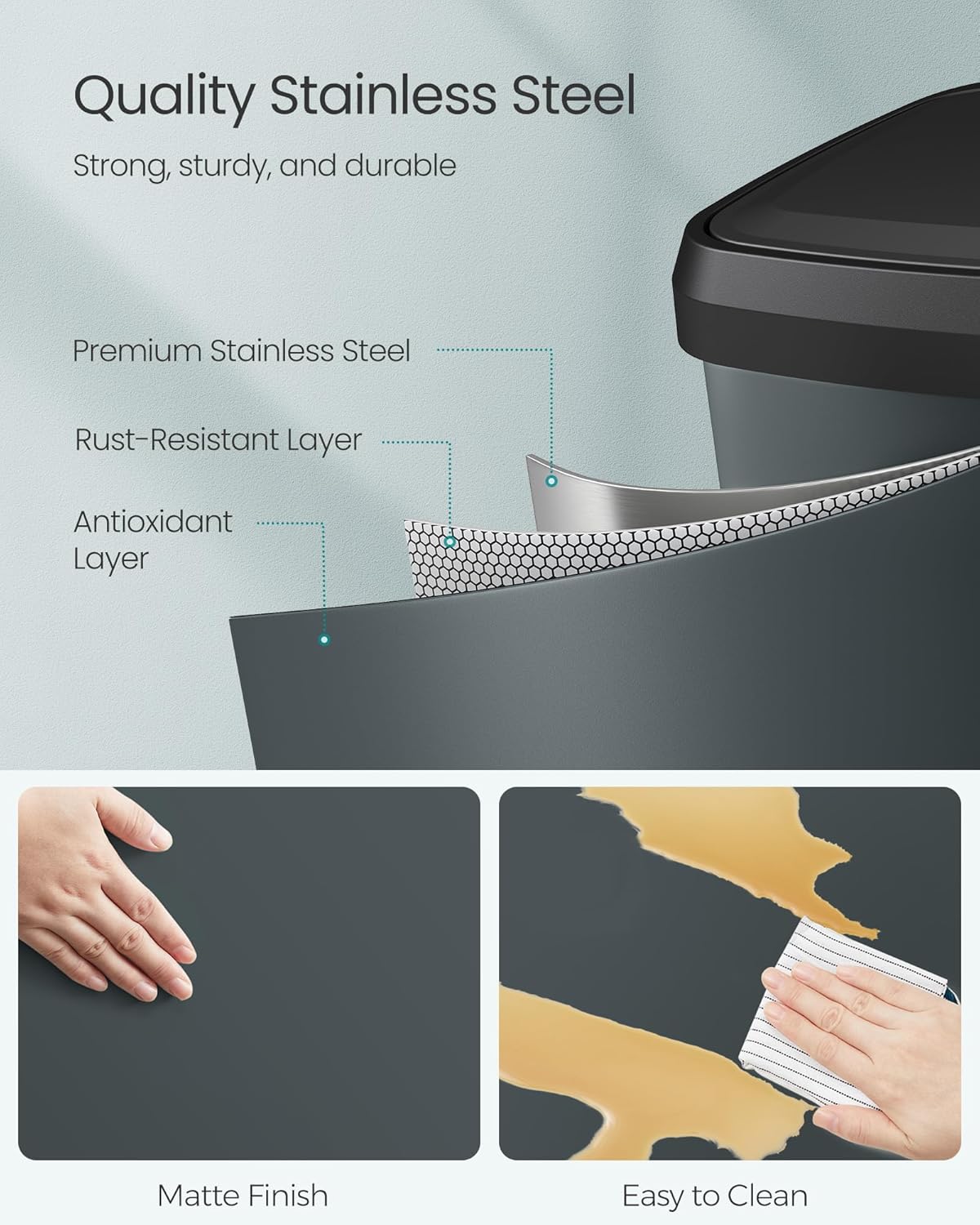 SONGMICS Kitchen Trash Can, 18-Gallon Stainless Steel Garbage Can, with Stay-Open Lid and Step-on Pedal, Soft Closure, Tall, Large and Space-Saving, Charcoal Gray and Black ULTB520G01