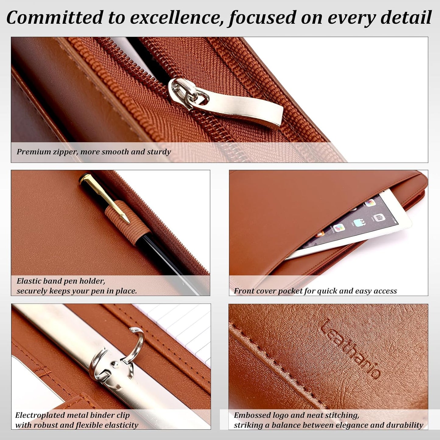 Leathario Portfolio Binder, Includes 10 Sheet Protectors and 3 Notepads, 3-Ring Folder Organizer, A4 Padfolio with Zipper, Vegan Leather Tablet Sleeve, Business Office Conference Clipboards